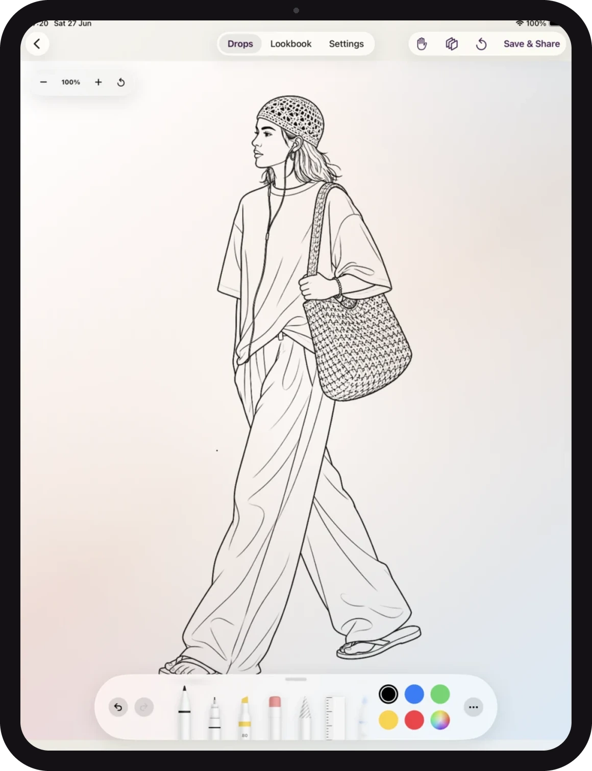 Color the Look coloring canvas: black-and-white outfit line art with the color palette and Apple Pencil tools