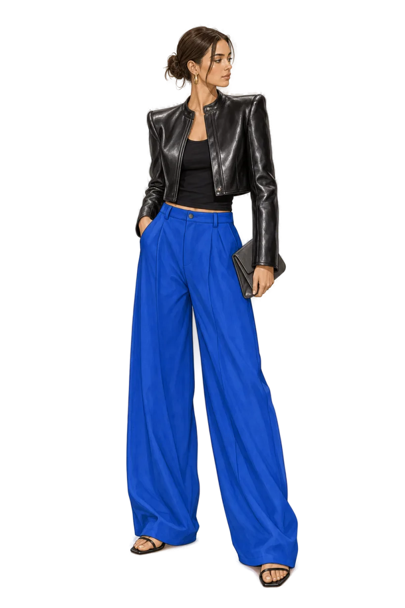 Electric blue trousers with black leather jacket, fully colored