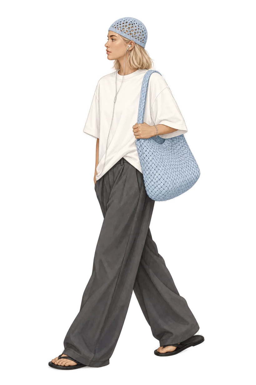 Blue crochet outfit with cap and bag, fully colored