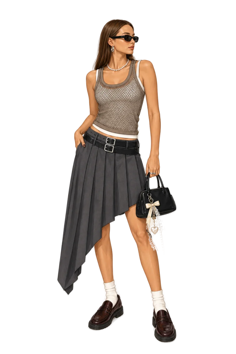 Mesh top with pleated skirt cafe outfit, fully colored