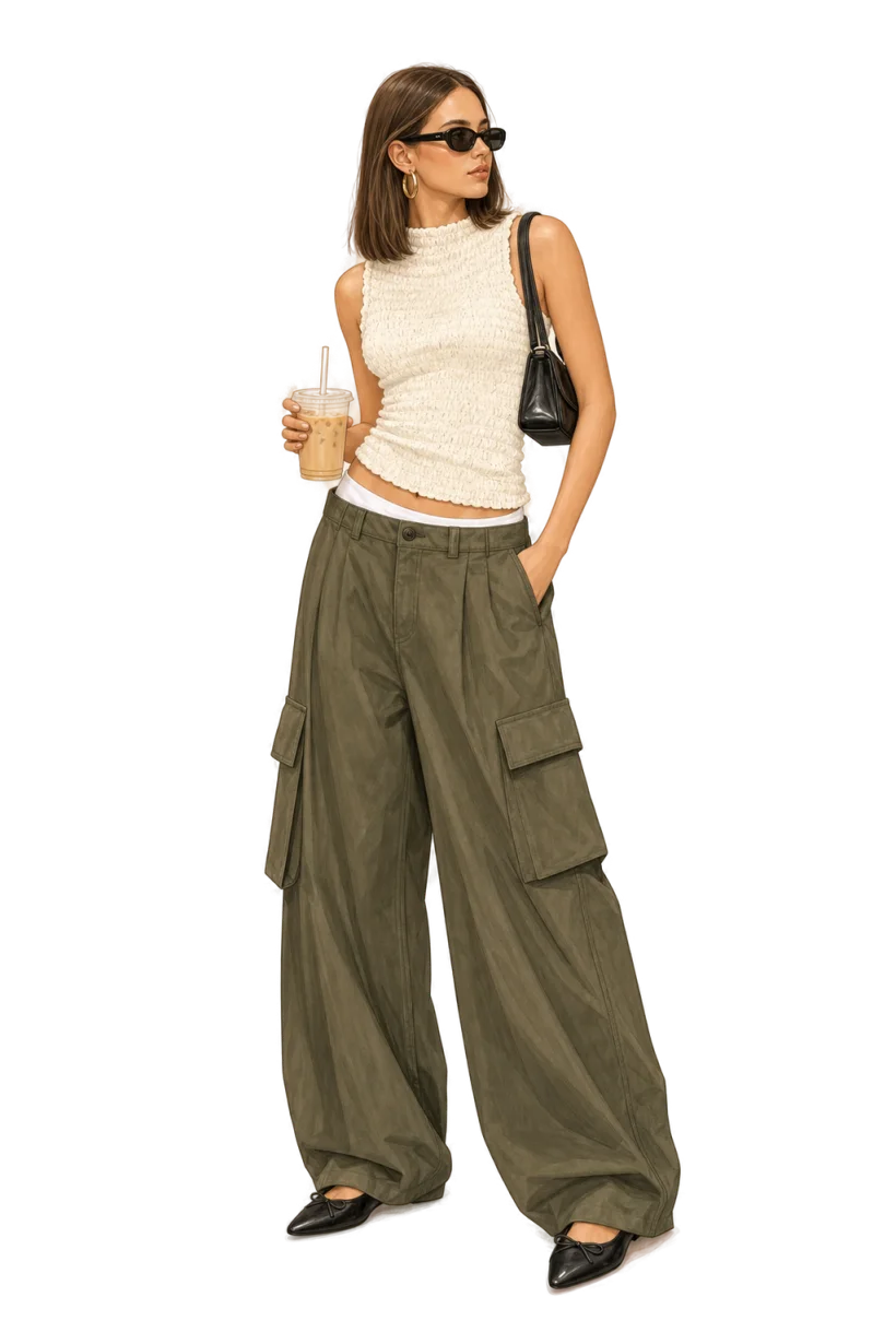 Olive cargos with coffee, street style outfit, fully colored